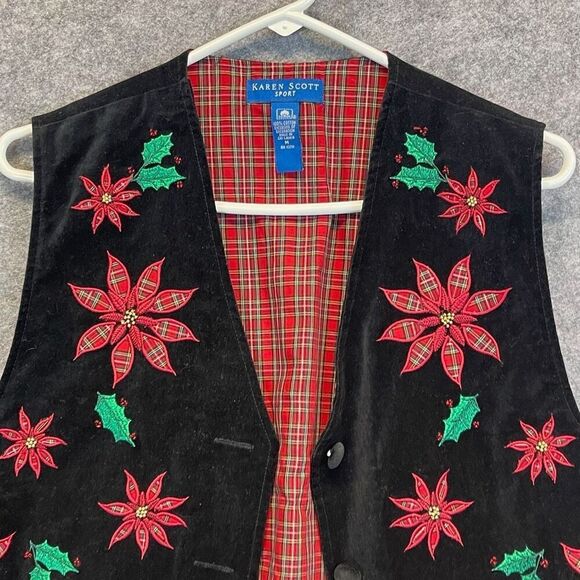 KAREN SCOTT Vest Womens Medium Black Red Poinsettia Christmas Velvet Embroidered - Picture 2 of 16